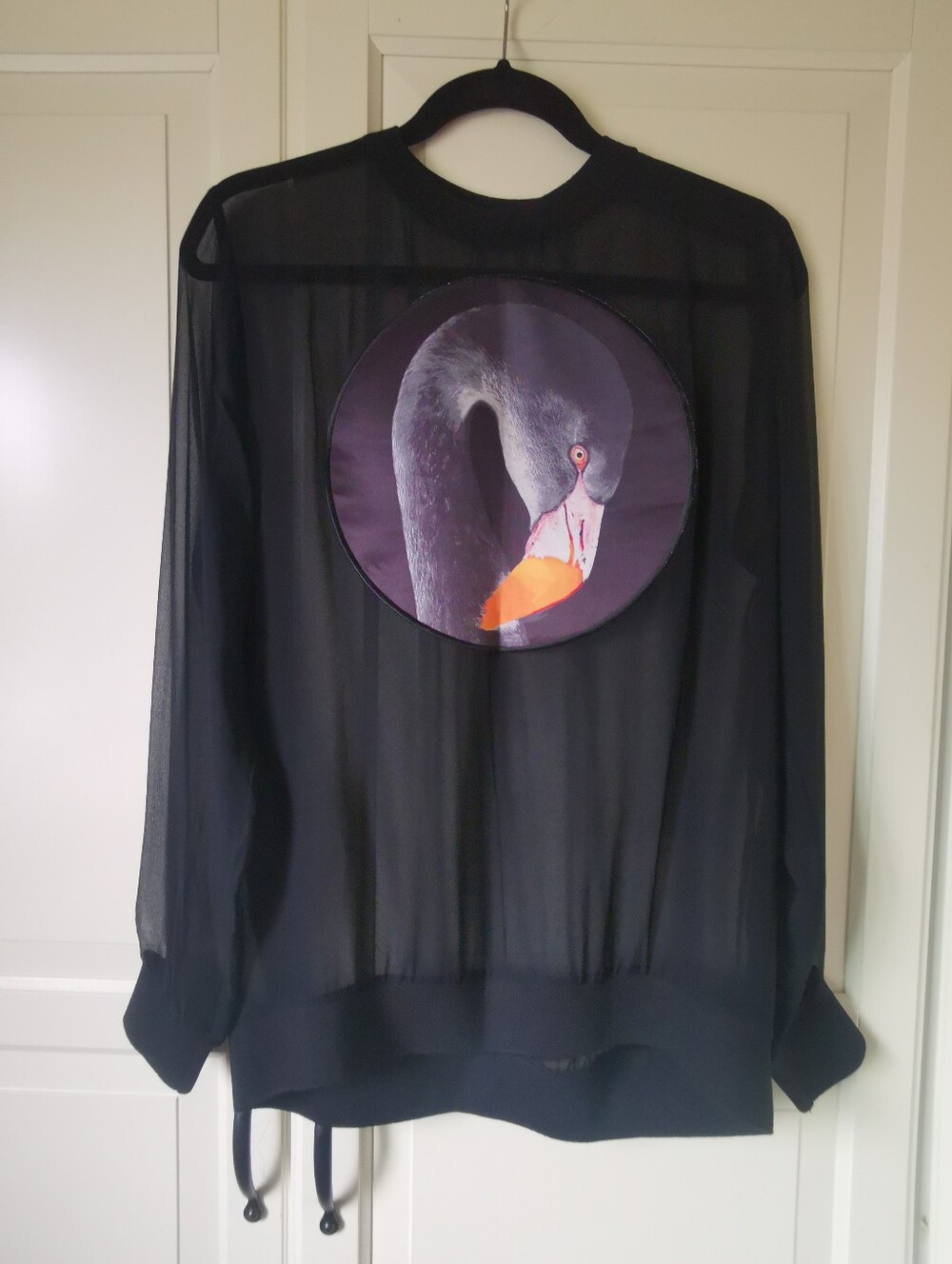 GIVENCHY Paris Black Silk Chiffon Black Swan Graphic Patch Blouse Top